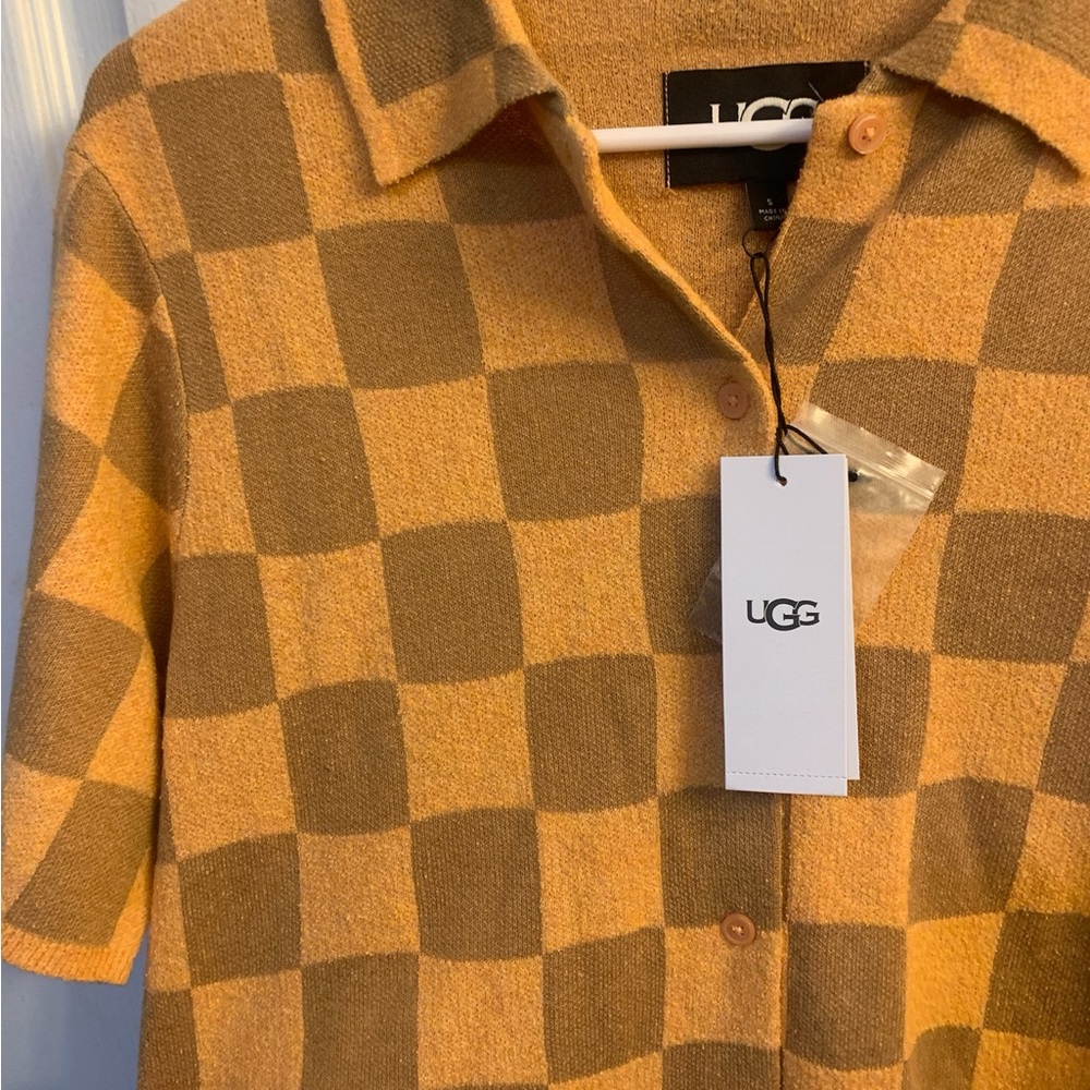 UGG Checkered Orange and Brown Knit Jeannie Button Up Sweater Top Size Small NWT - Picture 4 of 6